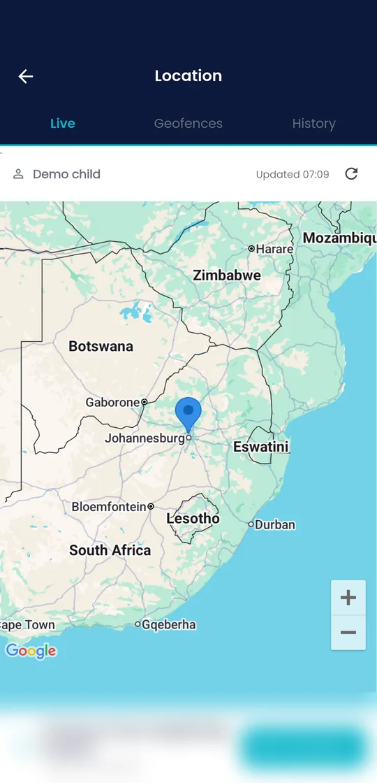 Fyltec parent app map showing a child device's latest location