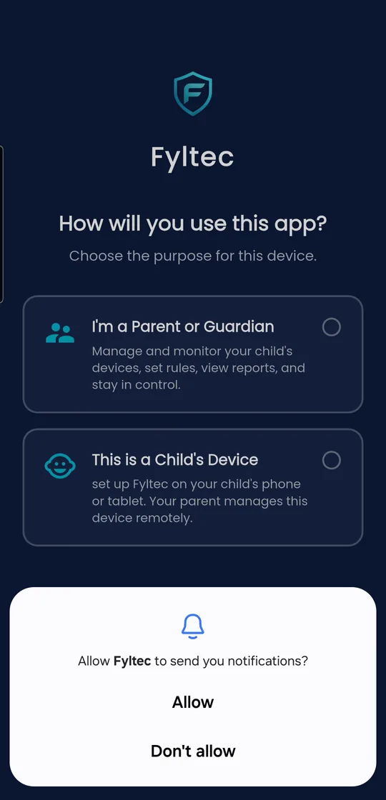 Fyltec asking whether this is a parent's phone or a child's device